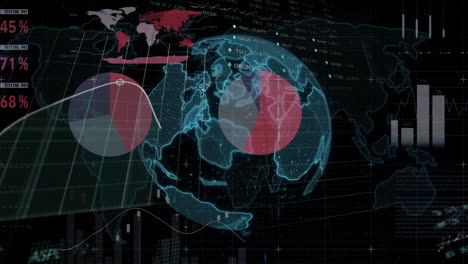 Animation-of-multicolored-infographic-interface,-trading-board,-globe-and-map-over-black-background