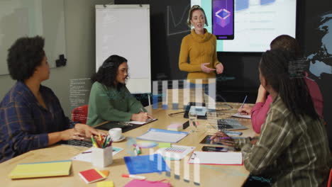 Animación-De-Gráficos,-Globos-Terráqueos,-Lenguaje-Informático,-Diversos-Compañeros-De-Trabajo-Discutiendo-Sobre-El-Diseño-De-Teléfonos-Móviles