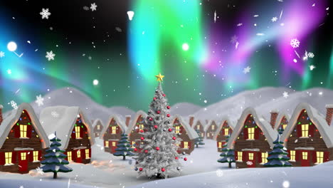 Animation-of-snow-falling-and-aurora-borealis-in-christmas-winter-scenery-background