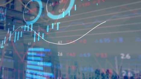 Animation-Von-Diagrammen,-Ladekreisen-Und-Handelstafeln-über-Modernen-Gebäuden-Vor-Dem-Himmel