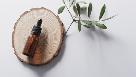 Video-of-make-up-bottle-with-pipette,-wood-slice-and-copy-space-on-white-background