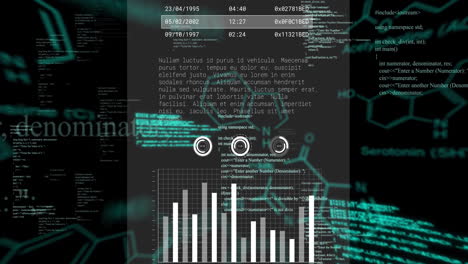 Animation-of-graphs,-computer-language-and-molecule-structures-over-black-background