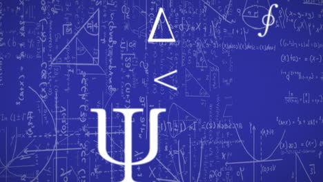 Animation-Von-Mathematischen-Symbolen,-Summen-Und-Zeichnungen-Auf-Blauem-Hintergrund