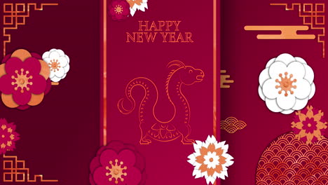 Animation-of-happy-new-year-text-with-dragon-sign-and-chinese-pattern-on-red-background