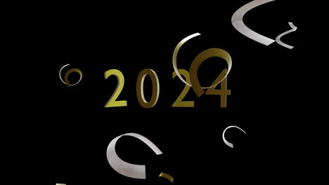 Animation-of-2024-text,-gold-and-silver-streamers-on-black-background