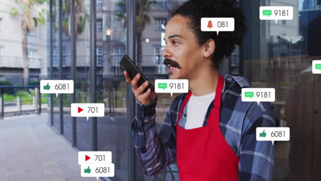 Animación-De-Múltiples-Barras-De-Notificación-Sobre-Un-Hombre-Birracial-Hablando-Por-El-Altavoz-De-Un-Teléfono-Celular
