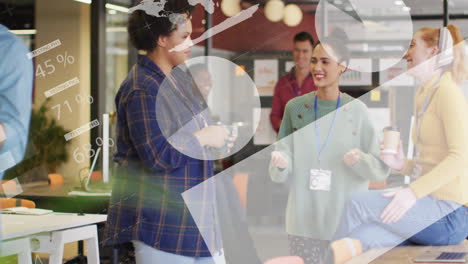 Animation-of-infographic-interface-over-multiracial-female-colleagues-talking-and-having-coffee