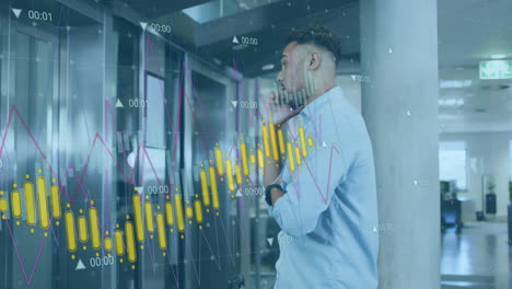 Animation-of-graphs-and-changing-numbers,-biracial-man-looking-at-watch-and-talking-on-cellphone