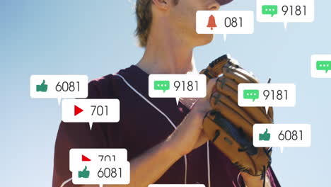Animación-De-Múltiples-Barras-De-Notificación-Sobre-Un-Jugador-De-Béisbol-Caucásico-Con-Guante-Y-Pelota