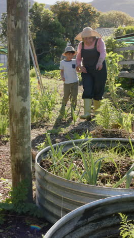 Vertical-video-of-biracial-grandmother-and-grandson-walking-in-sunny-garden,-slow-motion