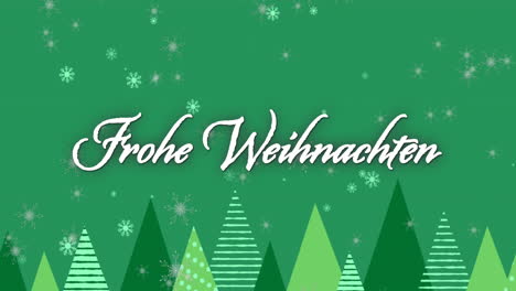 Animation-of-frohe-weihnachten-text-over-snow-falling-in-christmas-winter-scenery-background