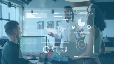 Animation-of-graphs,-loading-circles-and-bars-over-diverse-coworkers-sharing-ideas-in-office