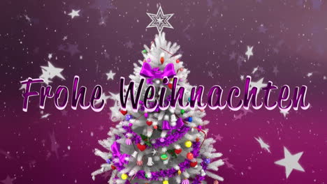 Animation-Of-Frohe-Weihnachten-Text-Over-Snow-Falling-In-Christmas-Tree-Background