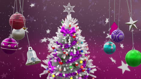 Animación-De-árbol-De-Navidad,-Adornos-Y-Nieve-Cayendo-Sobre-Fondo-Morado.