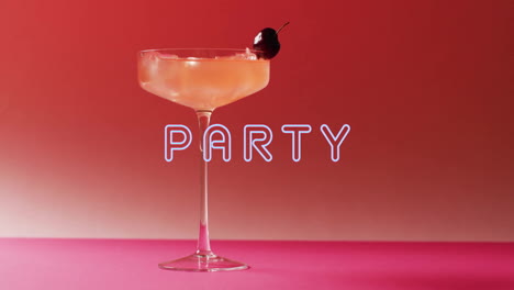 Animation-of-party-neon-text-and-cocktail-on-pink-background