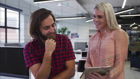 Animation-of-infographic-interface-and-caucasian-smiling-colleagues-discussing-over-tablet-in-office