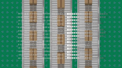 Animation-of-binary-codes,-cardboard-boxes-moving-on-conveyor-belts,-triangles-over-green-background