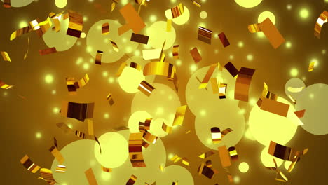 Animation-of-gold-confetti-falling-over-spot-lights-on-yellow-background