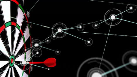 Animation-of-dots-connected-with-lines-over-slow-motion-dart-hitting-center-of-board