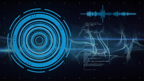 Animation-Von-Ladekreisen,-Schallwellen,-Abstraktem-Muster,-Computersprache-Auf-Schwarzem-Hintergrund