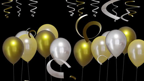 Animation-Von-Goldenen-Und-Silbernen-Luftballons-Mit-Party-Luftschlangen-Auf-Schwarzem-Hintergrund