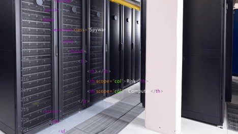 Animation-of-multicolored-computer-language-over-data-server-racks-in-server-room