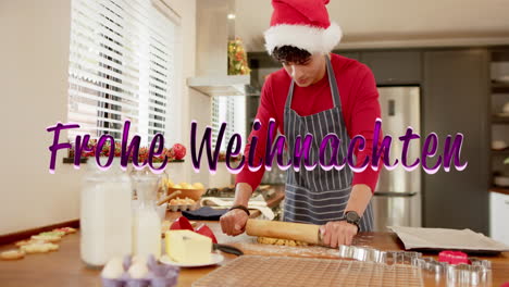 Animation-of-frohe-wihnachten-text-over-caucasian-man-baking-in-kitchen