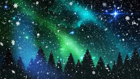 Animation-of-snow-falling-and-aurora-borealis-in-christmas-winter-scenery-background