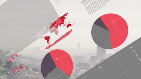 Animation-of-infographic-interface-over-aerial-view-of-fog-covered-modern-cityscape-against-sky