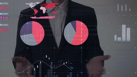 Animación-Del-Procesamiento-De-Datos,-Mercado-De-Valores-Y-Mapa-Mundial-Sobre-Un-Hombre-De-Negocios-Caucásico-Haciendo-Gestos