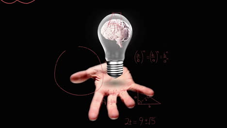 Animation-of-light-bulb-with-brain-over-woman's-hand-and-mathematical-data-processing