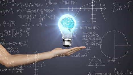 Animation-of-light-bulb-with-brain-over-woman's-hand-and-mathematical-data-processing