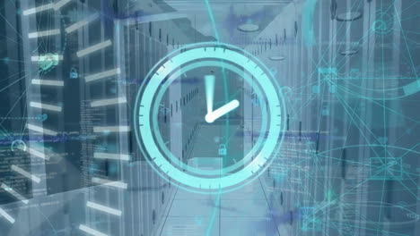 Animation-Einer-Sich-Bewegenden-Uhr-über-Einem-Verbindungsnetzwerk-Und-Einem-Serverraum