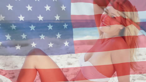 Animation-of-flag-of-usa-over-caucasian-woman-on-beach-in-summer