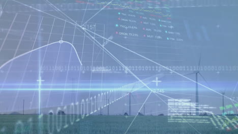 Animation-Von-Graphen,-Handelstafeln,-Binärcodes,-Computersprache-über-Windmühlen-Auf-Grasland