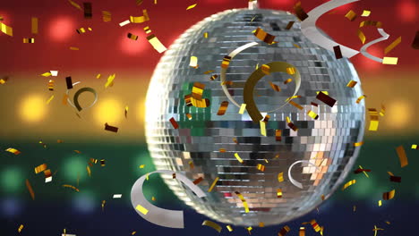 Animation-Von-Party-Luftschlangen-Und-Verspiegelter-Discokugel-Auf-Regenbogenhintergrund