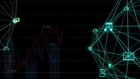 Animation-Von-Verbindungsnetzwerken-Mit-Symbolen-Auf-Schwarzem-Hintergrund