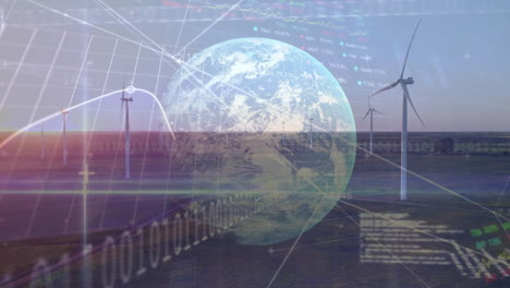 Animation-of-financial-data-processing-over-globe-and-wind-turbines