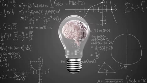 Animation-of-light-bulb-with-brain-over-woman's-hand-and-mathematical-data-processing