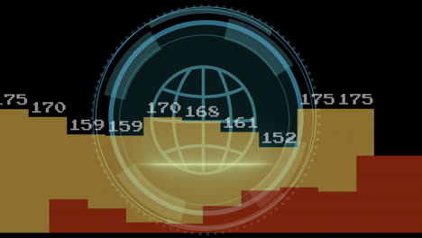 Animation-of-globe-and-cyber-security-text-over-diagrams-with-data