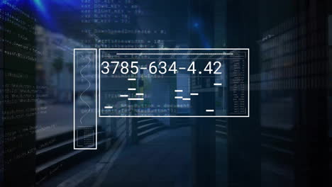 Animation-of-numeric-data-processing-on-screen-over-blue-lights-and-coding