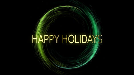 Animation-of-happy-holidays-text-and-circle-of-light-trail-on-black-background