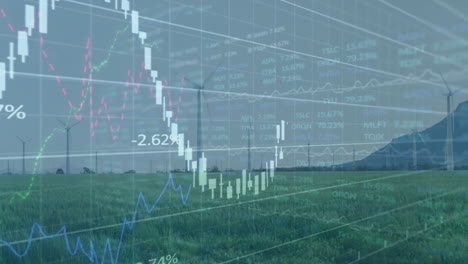 Animation-Von-Diagrammen,-Wechselnden-Zahlen-Und-Handelstafel-über-Einer-Windmühle-Auf-Einer-Graslandschaft