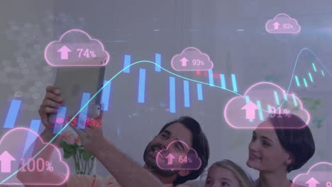 Animation-of-graph,-arrow-in-clouds,-caucasian-man-with-family-taking-selfie-on-digital-tablet