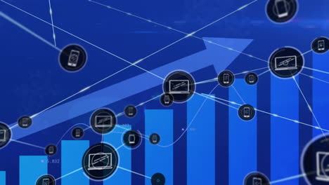 Animation-of-connections-with-icons,-arrow-and-financial-data-processing-over-blue-background