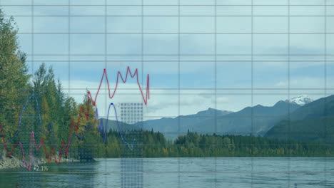 Animation-Der-Datenverarbeitung-Und-Diagramme-über-Landschaft