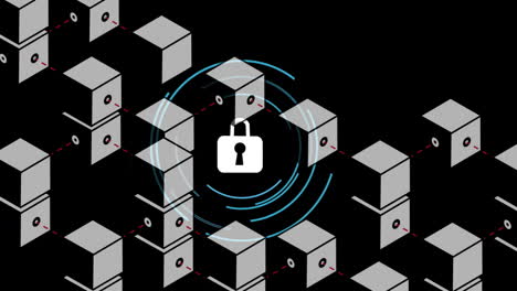 Animation-of-padlock-icon-over-boxes-with-connections-on-black-background