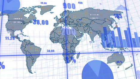 Animation-of-graphs,-changing-numbers,-mathematical-equation-and-diagrams-over-map