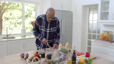 Älterer-Afroamerikanischer-Mann-Schneidet-Gemüse-In-Der-Küche,-Kopierraum,-Zeitlupe