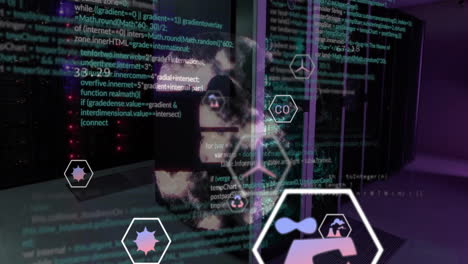 Animation-of-eco-icons-and-data-processing-over-computer-servers